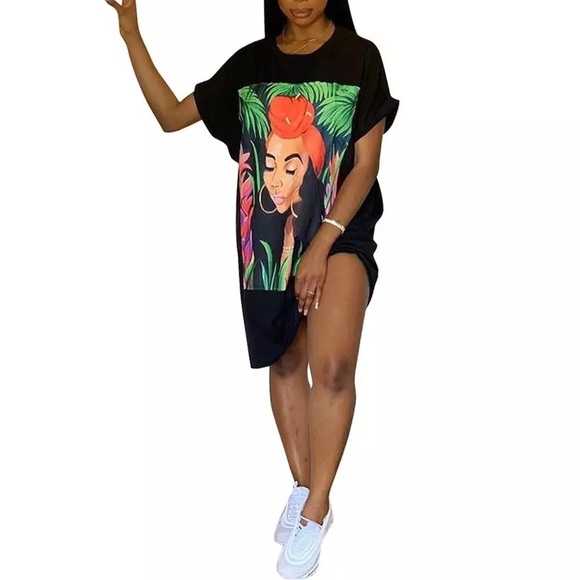 Oversized T Shirt Dress Women Short Sleeve Character Print Tunic Mini Streetwear - Picture 3 of 3